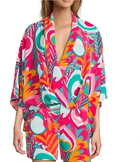 Trina Turk Concourse Abstract Printed Georgette Surplice V-Neck Elbow Dolman Sleeve