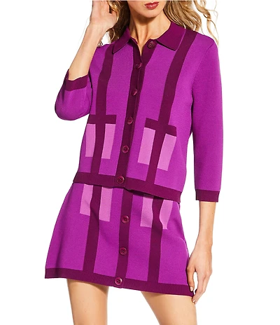 Trina Turk Coordinating Gaia Colorblock Knit Point Collar 3/4 Sleeve Button Front Cardigan