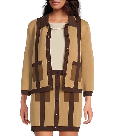Trina Turk Coordinating Gaia Colorblock Knit Point Collar 3/4 Sleeve Button Front Cardigan