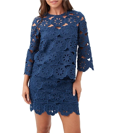 Trina Turk Coordinating Kabosu Embroidered Crew Neck 3/4 Sleeve Scallop Top