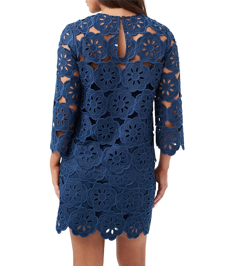 Trina Turk Coordinating Kabosu Embroidered Crew Neck 3/4 Sleeve Scallop Top