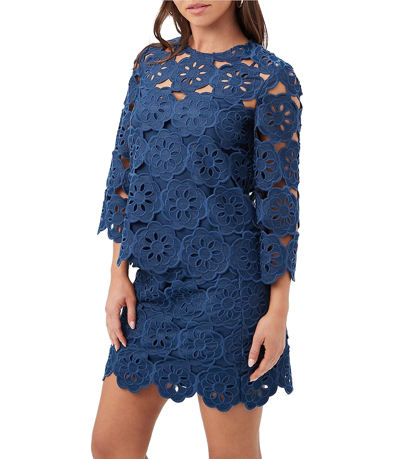 Trina Turk Coordinating Kabosu Embroidered Crew Neck 3/4 Sleeve Scallop Top