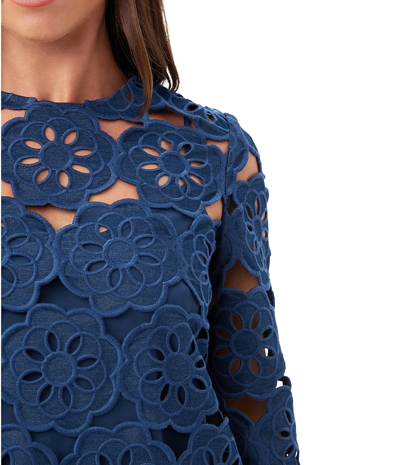 Trina Turk Coordinating Kabosu Embroidered Crew Neck 3/4 Sleeve Scallop Top