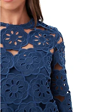 Trina Turk Coordinating Kabosu Embroidered Crew Neck 3/4 Sleeve Scallop Top