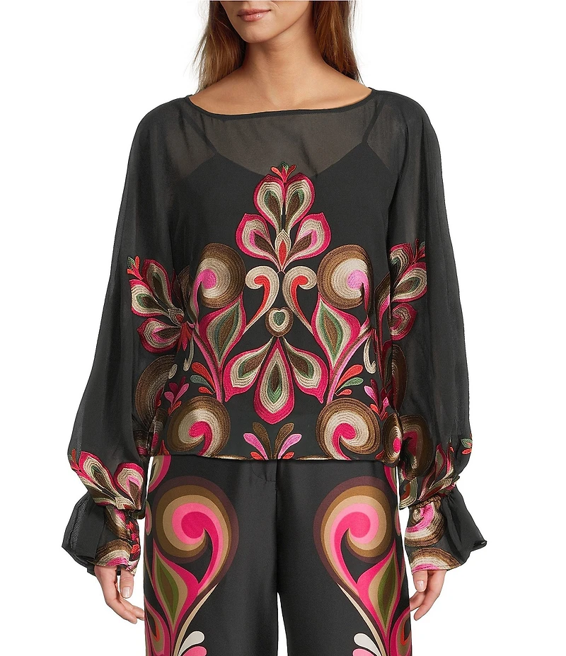 Trina Turk Coordinating Soho Embroidered Print Boat Neck Long Balloon Sleeve Blouse