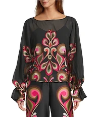 Trina Turk Coordinating Soho Embroidered Print Boat Neck Long Balloon Sleeve Blouse