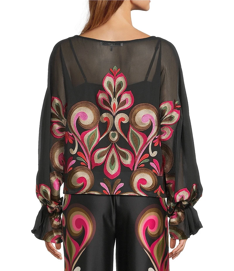Trina Turk Coordinating Soho Embroidered Print Boat Neck Long Balloon Sleeve Blouse