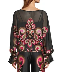Trina Turk Coordinating Soho Embroidered Print Boat Neck Long Balloon Sleeve Blouse