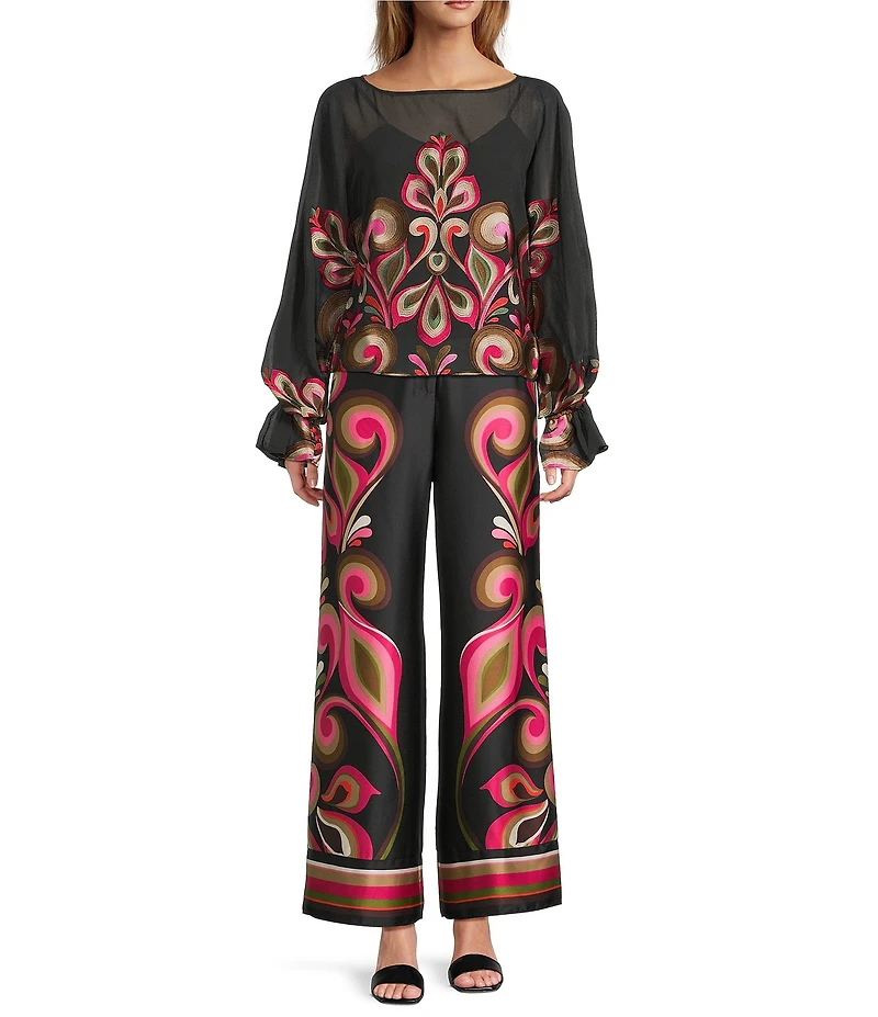 Trina Turk Coordinating Soho Embroidered Print Boat Neck Long Balloon Sleeve Blouse