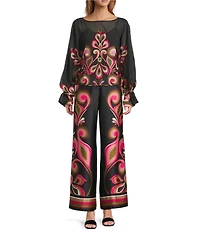 Trina Turk Coordinating Soho Embroidered Print Boat Neck Long Balloon Sleeve Blouse