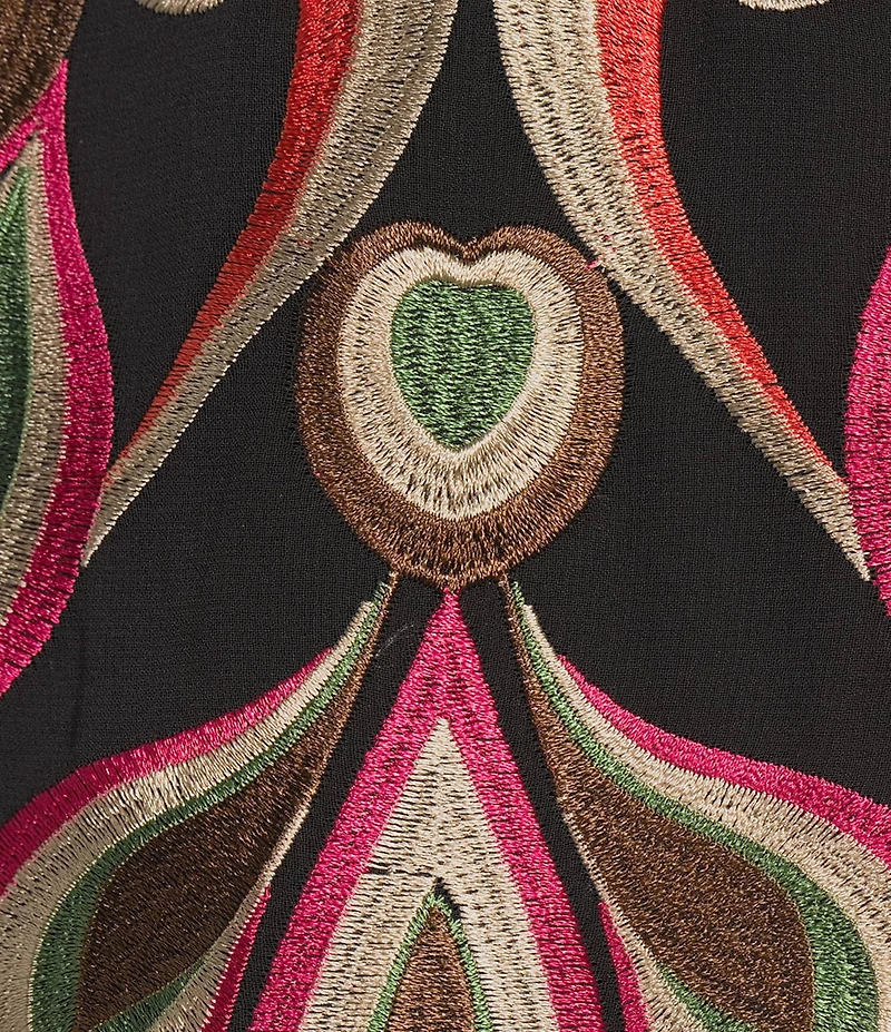Trina Turk Coordinating Soho Embroidered Print Boat Neck Long Balloon Sleeve Blouse