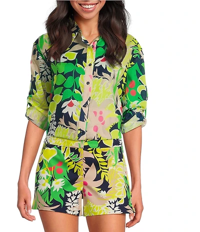 Trina Turk Coordinating Swing Tropical Printed Point Collar Elbow Sleeve Button Front Blouse