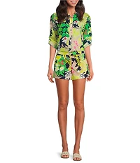 Trina Turk Coordinating Swing Tropical Printed Point Collar Elbow Sleeve Button Front Blouse