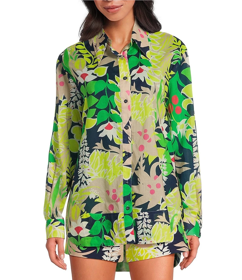 Trina Turk Coordinating Swing Tropical Printed Point Collar Elbow Sleeve Button Front Blouse
