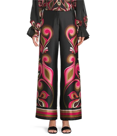 Trina Turk Coordinating Verity Satin Georgette Border Print Wide Leg Drapey Pants