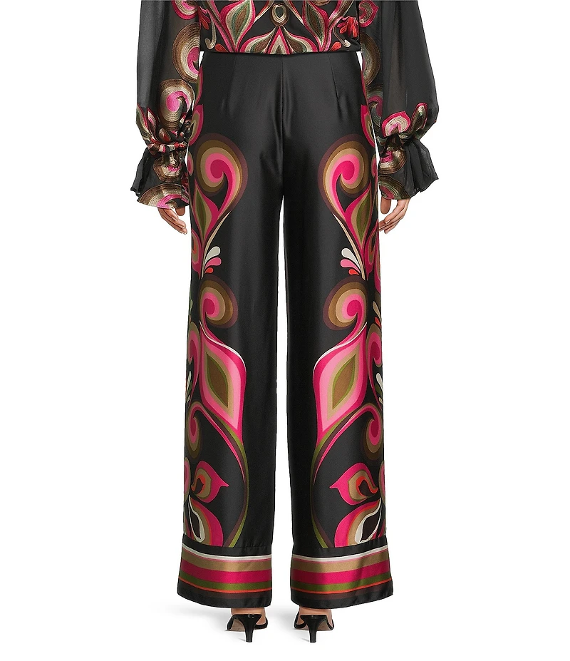 Trina Turk Coordinating Verity Satin Georgette Border Print Wide Leg Drapey Pants