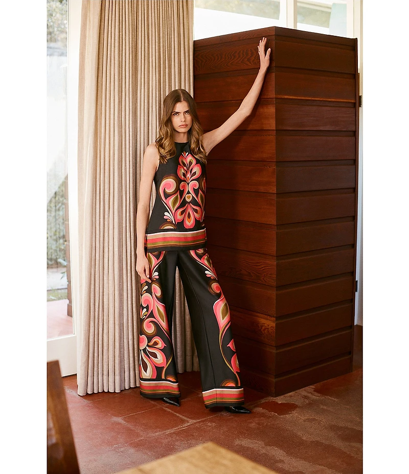 Trina Turk Coordinating Verity Satin Georgette Border Print Wide Leg Drapey Pants
