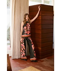 Trina Turk Coordinating Verity Satin Georgette Border Print Wide Leg Drapey Pants