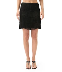 Trina Turk Crepe Knit Tiered Fringe High Waisted Mini Skirt