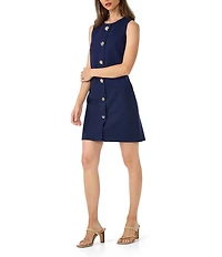 Trina Turk Cristas Pique Round Neck Sleeveless A-Line Button Front Mini Dress