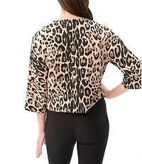Trina Turk Critique Leopard Knit Jacquard Crew Neck 3/4 Sleeve Boxy Jacket
