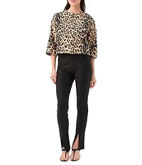 Trina Turk Critique Leopard Knit Jacquard Crew Neck 3/4 Sleeve Boxy Jacket