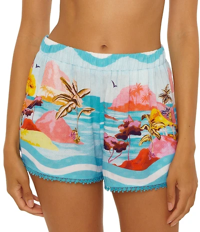 Trina Turk Cyclades Scenic Print High Waist Pull-On Short Swim Cover-Up