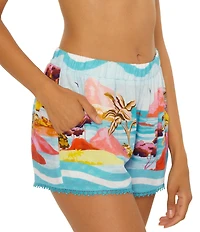 Trina Turk Cyclades Scenic Print High Waist Pull-On Short Swim Cover-Up