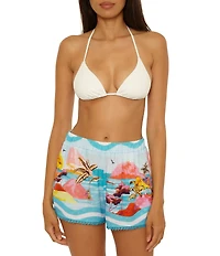 Trina Turk Cyclades Scenic Print High Waist Pull-On Short Swim Cover-Up