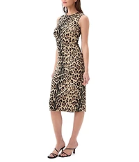 Trina Turk Dame Leopard Knit Jacquard Crew Neck Sleeveless Sheath Dress
