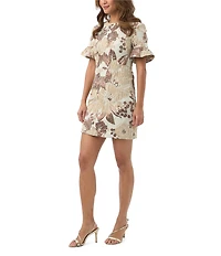Trina Turk Darling Floral Metallic Jacquard Round Neck Short Ruffle Sleeve Dress