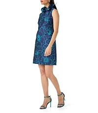 Trina Turk Edina Floral Jacquard Ruffle Mock Neck Sleeveless Dress