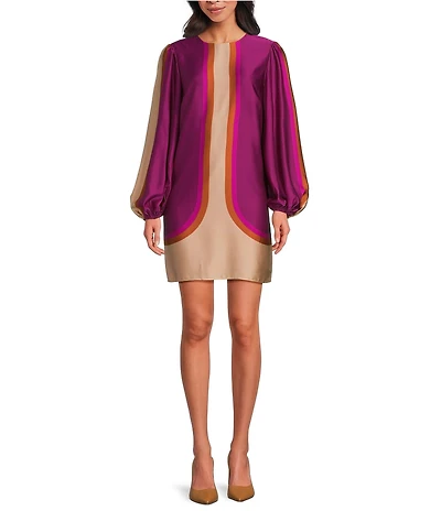 Trina Turk Elm Printed Satin Crew Neck Long Balloon Sleeve Dress
