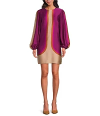 Trina Turk Elm Printed Satin Crew Neck Long Balloon Sleeve Dress