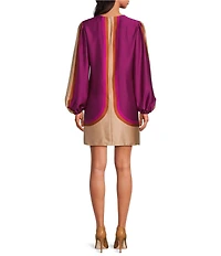 Trina Turk Elm Printed Satin Crew Neck Long Balloon Sleeve Dress
