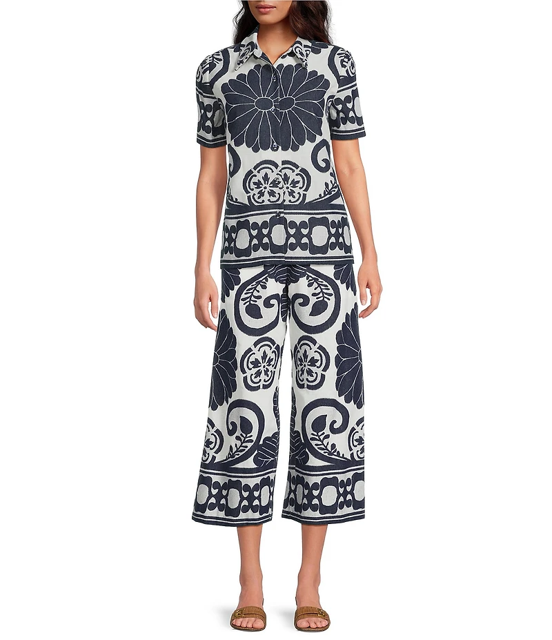 Trina Turk Estella Coordinating Border Print Clip Jacquard Flat Front Wide Leg Crop Pants