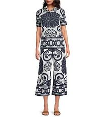 Trina Turk Estella Coordinating Border Print Clip Jacquard Flat Front Wide Leg Crop Pants
