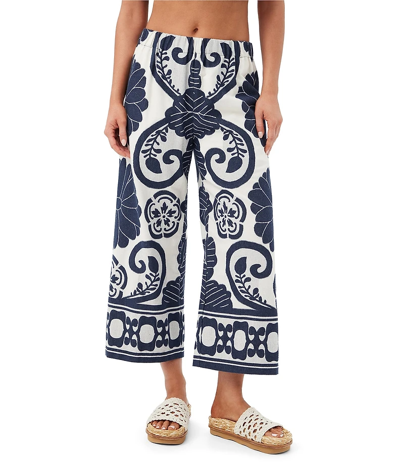 Trina Turk Estella Coordinating Border Print Clip Jacquard Flat Front Wide Leg Crop Pants