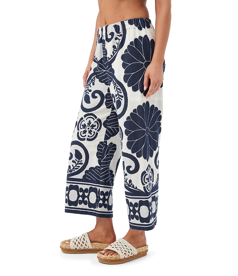 Trina Turk Estella Coordinating Border Print Clip Jacquard Flat Front Wide Leg Crop Pants