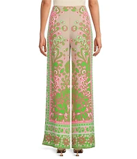 Trina Turk Federer Woven Placed Print Flat Front Drape Wide Leg Pants