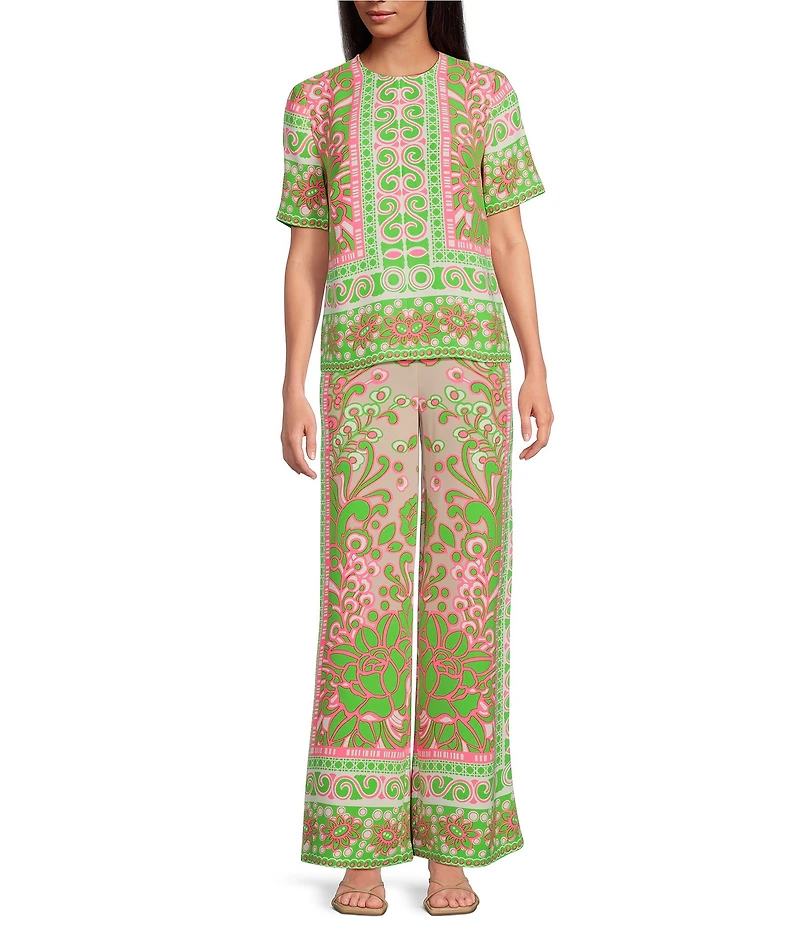 Trina Turk Federer Woven Placed Print Flat Front Drape Wide Leg Pants