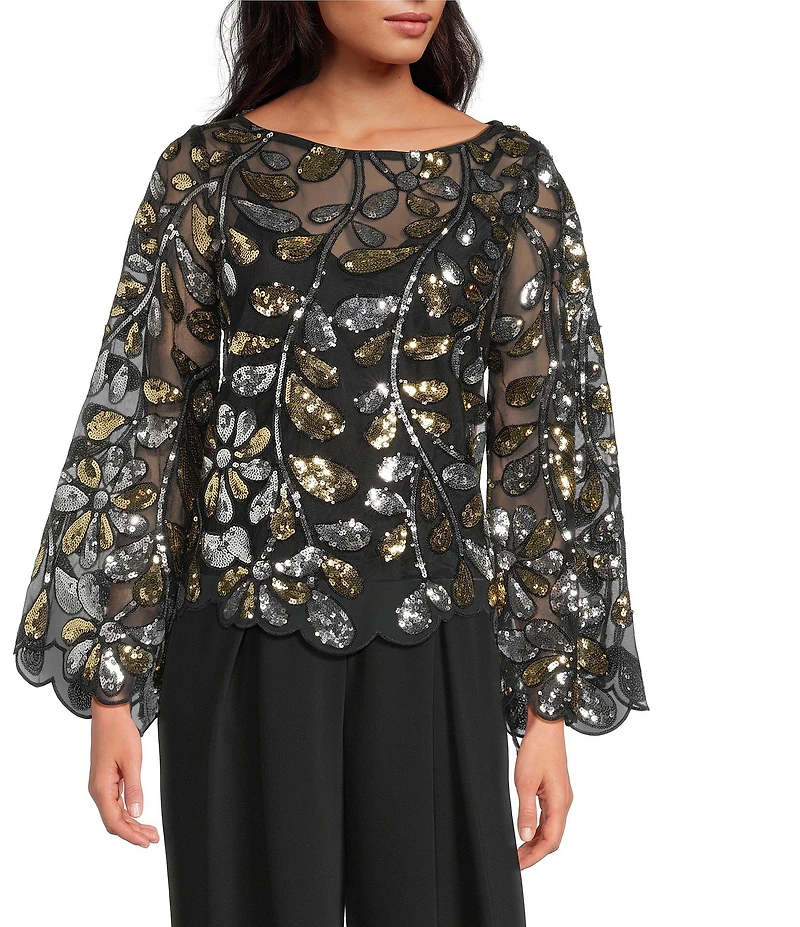 Trina Turk Femmes Sequin Paillette Boat Neck Long Flare Sleeve Scallop Trim Top