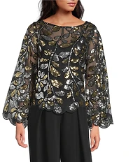 Trina Turk Femmes Sequin Paillette Boat Neck Long Flare Sleeve Scallop Trim Top