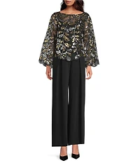 Trina Turk Femmes Sequin Paillette Boat Neck Long Flare Sleeve Scallop Trim Top