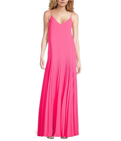 Trina Turk Georgette V-Neck Sleeveless Pleated Maxi Dress