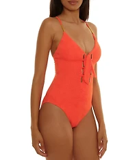Trina Turk Golden Oasis Lace-Up Grommet One Piece Swimsuit