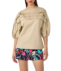 Trina Turk Grady Sateen Boat Neck Pleated Elbow Balloon Sleeve Top
