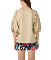 Trina Turk Grady Sateen Boat Neck Pleated Elbow Balloon Sleeve Top