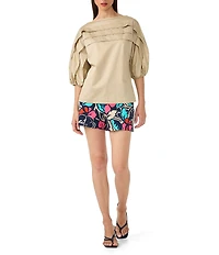 Trina Turk Grady Sateen Boat Neck Pleated Elbow Balloon Sleeve Top