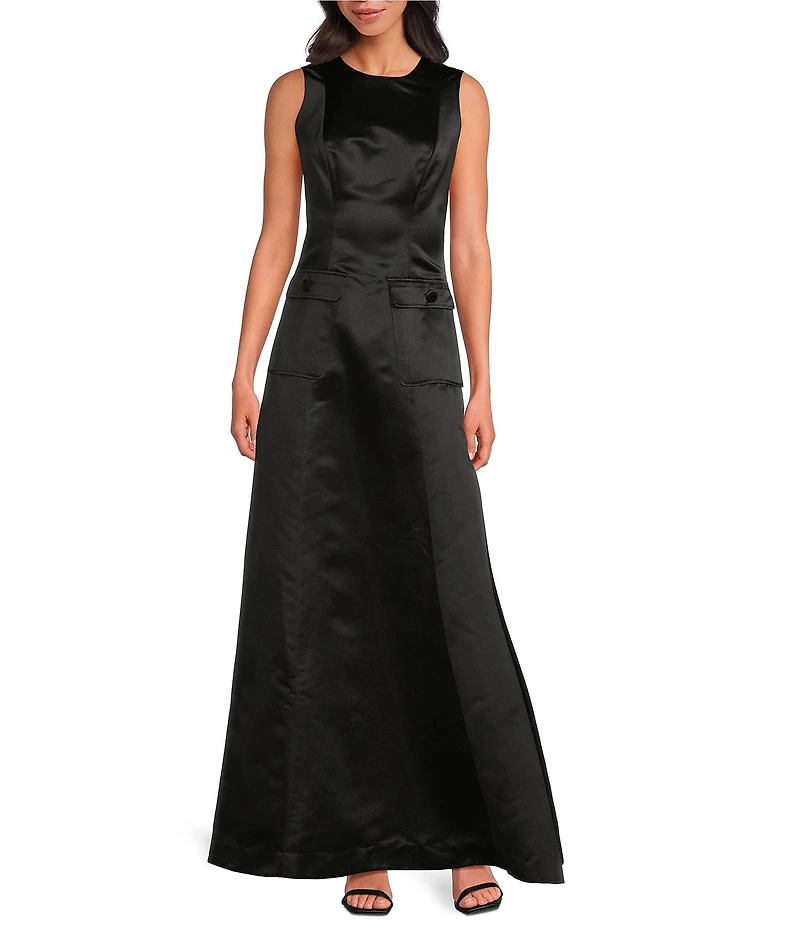 Trina Turk Guinevere Dutchess Satin Round Neck Sleeveless A-Line Maxi Dress